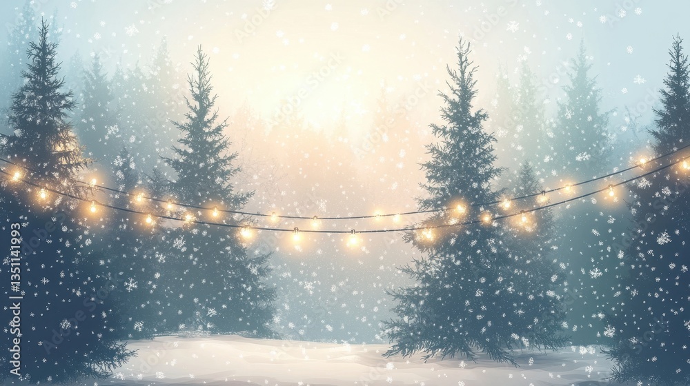 Fototapeta premium Snow-covered pine trees with glowing string lights and snowfall, holiday vector background