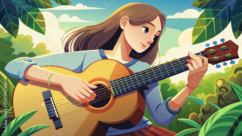 Woman playing acoustic guitar with finger catching chord on bar outdoors