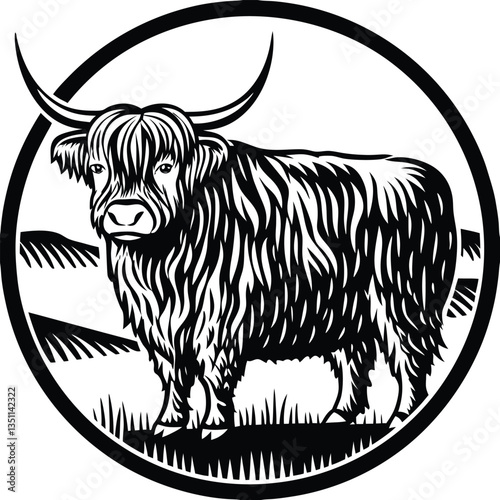 Highland cow in monochrome art vector image (32).eps