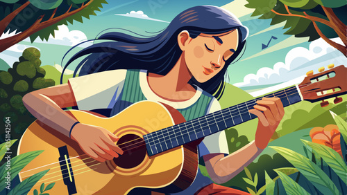 Woman playing acoustic guitar with finger catching chord on bar outdoors