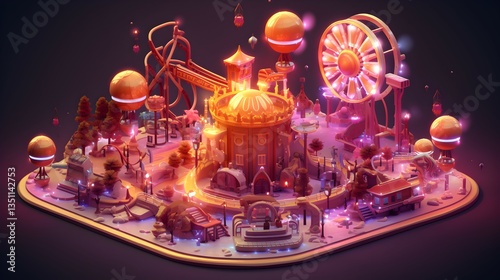 A whimsical, glowing amusement park at night, filled with enchanting rides and fantastical elements, bathed in warm, magical light.