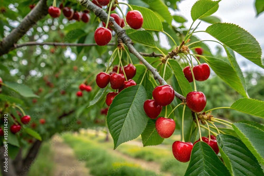 Cherry on tree. Red cherries in garden. Cherry tree. Organic fresh fruits, agriculture Cherry on tree. Red cherries in garden. Cherry tree. Organic fresh fruits, agriculture
