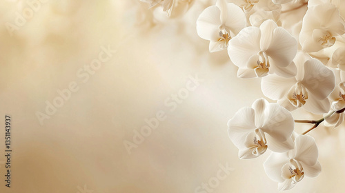 A high-quality, minimalist photograph of pure white orchids in sharp focus. The image captures the silky petals and intricate details of the flower, set against a softly blurred pale beige background.