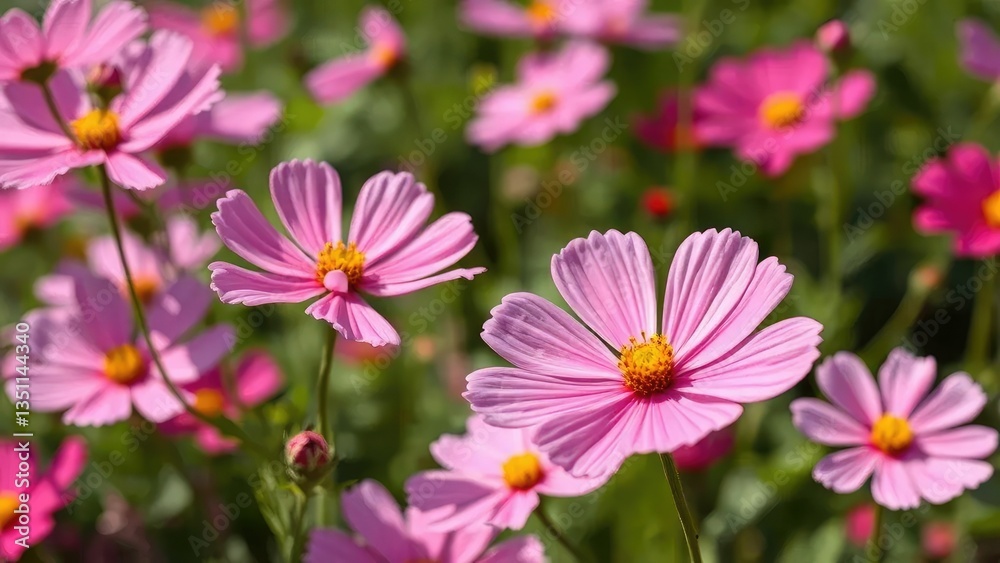 Delicate pink cosmos flowers swaying gently in the garden breeze, bloom, cosmos Delicate pink cosmos flowers swaying gently in the garden breeze, bloom, cosmos