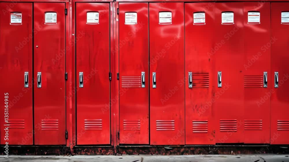 Bright red school lockers lining a hallway in a modern educational facility during daytime hours