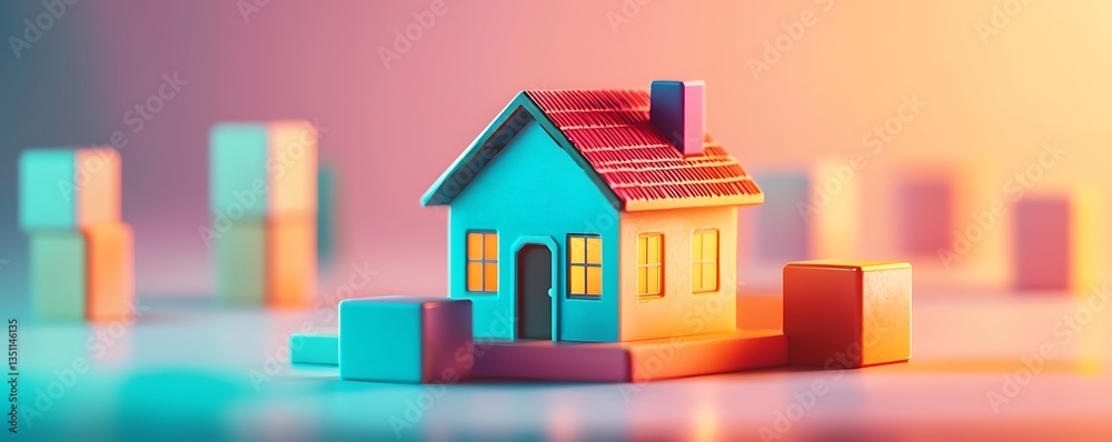 Fototapeta premium A conceptual financial design with vibrant blocks and a miniature house, set against a softly lit gradient backdrop