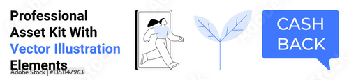 Woman stepping forward, leaf symbolizing growth, and cashback speech bubble. Ideal for finance, marketing, investment, sustainability, innovation commerce web design. Clean flat landing page banner