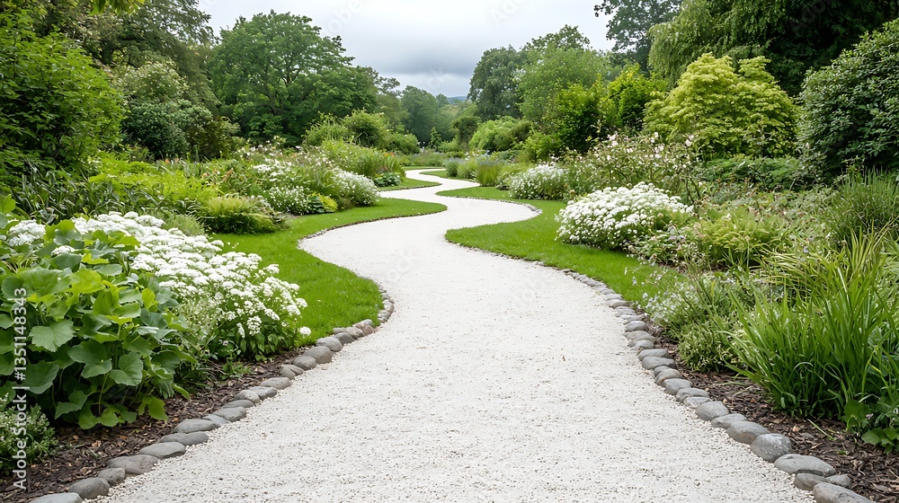 Spring nature walk through blooming flora pathway in lush garden landscape Spring nature walk through blooming flora pathway in lush garden landscape