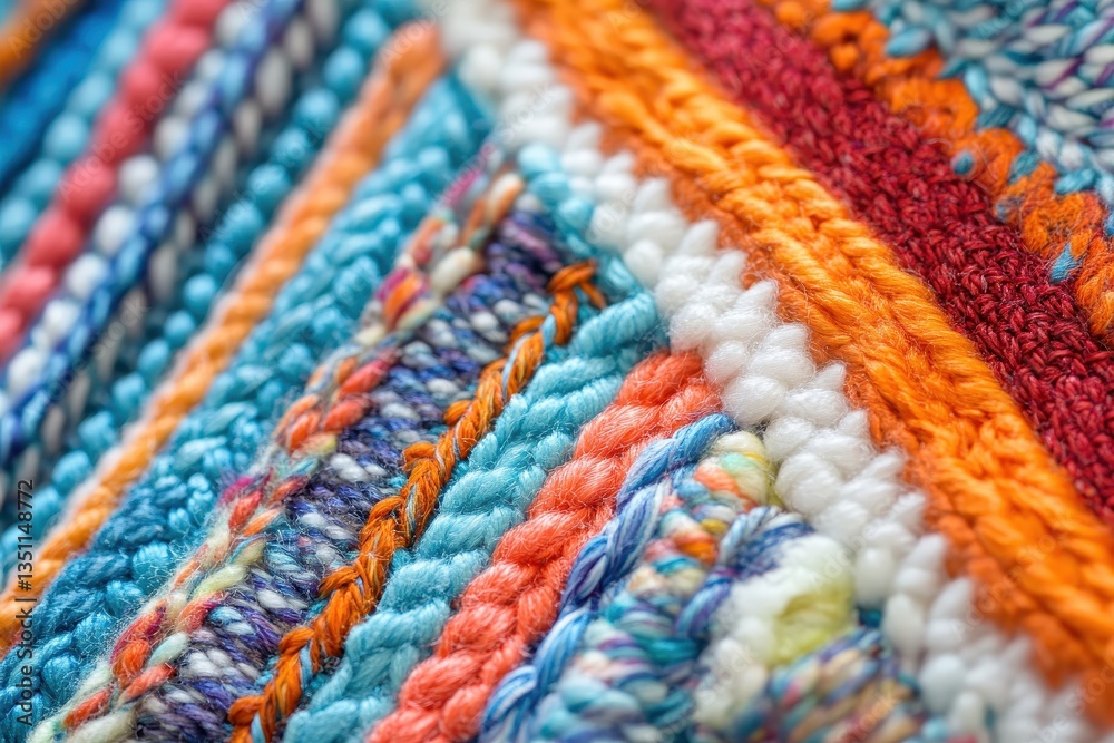 Close-up of handmade knitted texture with colorful lines and various stitching. Use it as background, textiles design, fashion concept, or abstract. Close-up of handmade knitted texture with colorful lines and various stitching. Use it as background, textiles design, fashion concept, or abstract.
