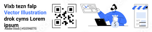 QR code, user analyzing data on laptop, digital payment icon, virtual storefront. Ideal for payment systems, fintech solutions, e-commerce, marketing, buying guides financial apps simple landing