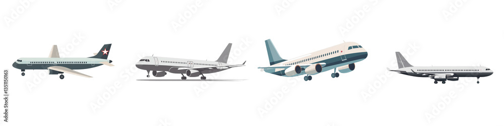 Obraz premium Airplanes fleet, aerial view, white background isolated on white or transparent