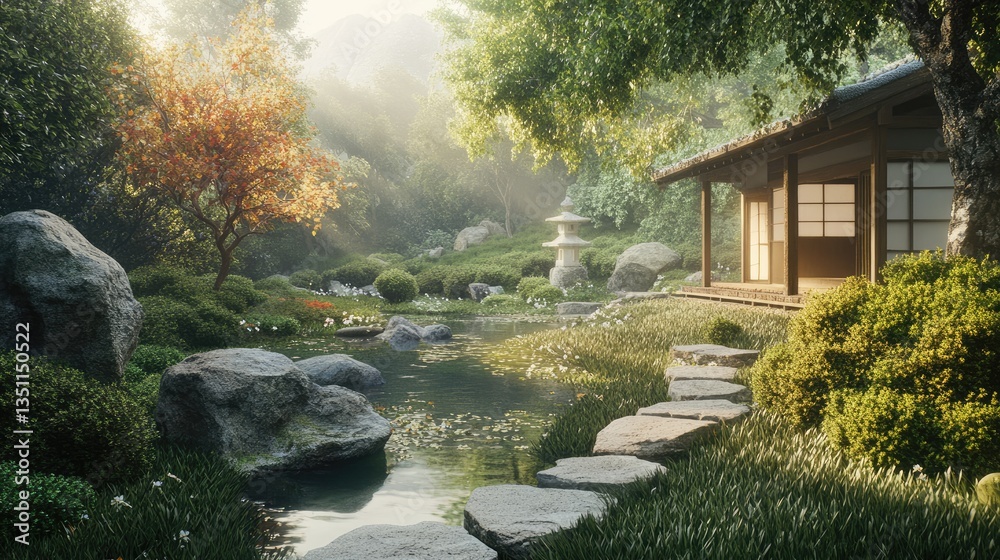 Serene Japanese garden with a tranquil pond, lush greenery, and a traditional tea house at sunrise Serene Japanese garden with a tranquil pond, lush greenery, and a traditional tea house at sunrise