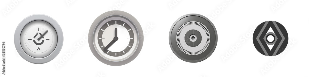 Four circular grayscale gauges isolated on white or transparent