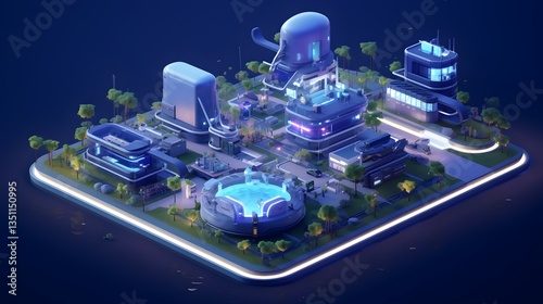 A futuristic city glowing serenely at night, nestled on a digital island with sleek buildings and vibrant neon accents.