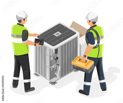 HVAC installation and maintenance engineer team Service at home Heating Ventilation and Air Conditioning isometric isolated cartoon 
