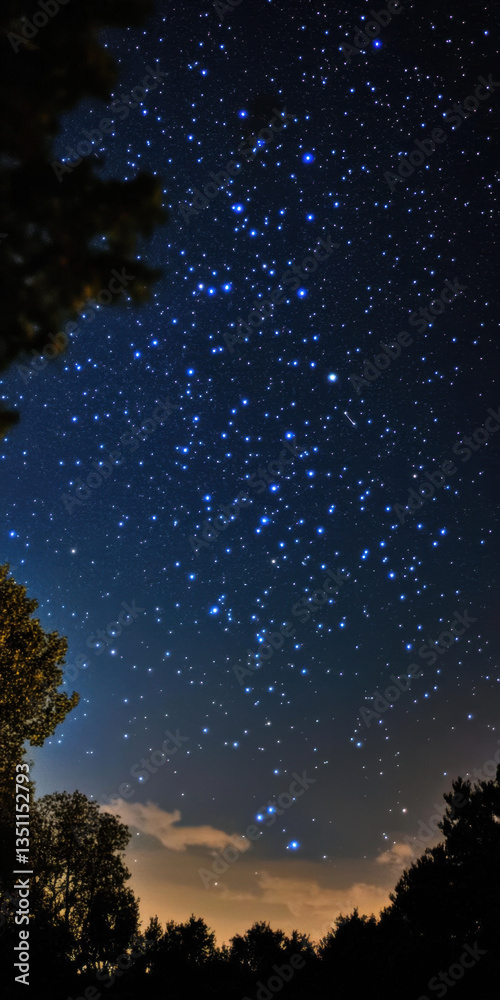 Naklejka premium Starry night sky with trees in silhouette.