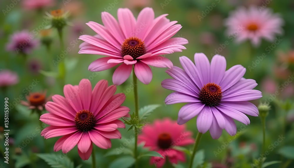 Captivating Echinacea Flowers in Full Bloom Displaying Vibrant Pink and Purple Hues in a Lush Garden Setting, Showcasing the Beauty of Nature and Floral Diversity Captivating Echinacea Flowers in Full Bloom Displaying Vibrant Pink and Purple Hues in a Lush Garden Setting, Showcasing the Beauty of Nature and Floral Diversity
