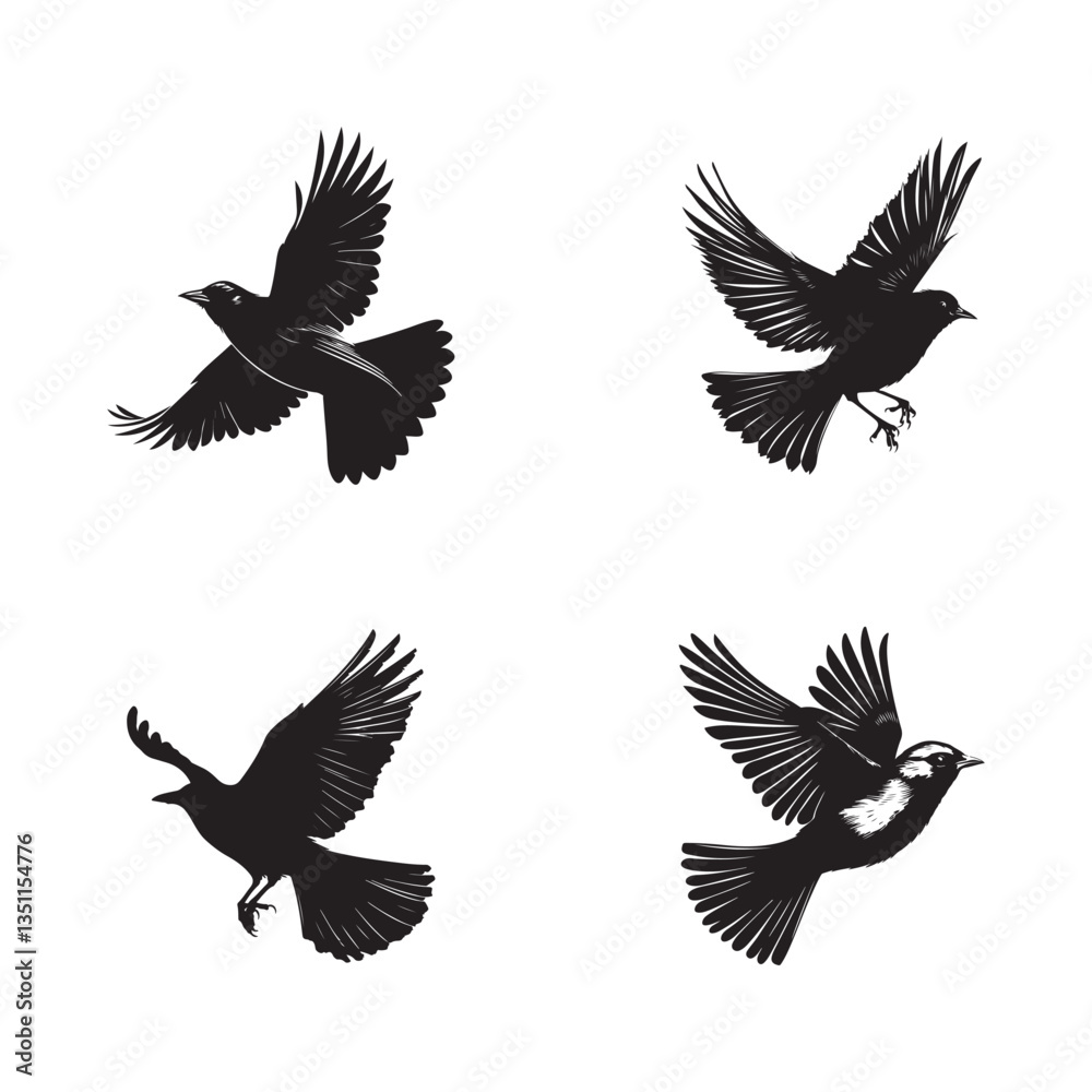 Obraz premium Hand drawn flying bird silhouette set illustration