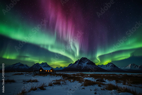 Magical Aurora Borealis over a Cabin in the Snowy Mountains