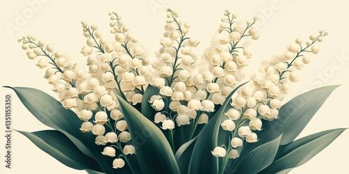 Delicate white flowers of lily of the valley are showcased in a vibrant watercolor illustration, capturing the essence of spring blooms and botanical beauty