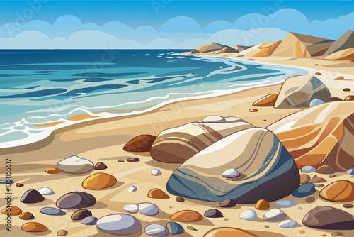 sandy beach with stones and sea vector background, cartoon illustration