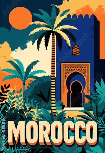 Morocco travel destination poster in retro style. Blue Majorelle garden landscape print. Colorful vector art illustration
