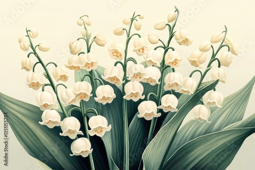 This artwork showcases a bouquet of lily of the valley in full bloom, illustrating the beauty of spring with its elegant white flowers and green leaves