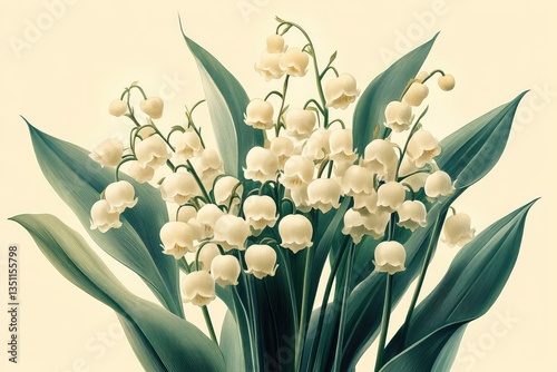 This artwork showcases lovely lily of the valley with white flowers and green leaves, beautifully capturing spring in a watercolor style