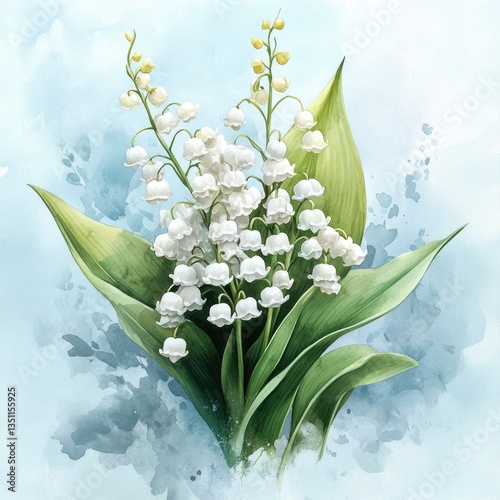 Springtime comes alive with a delicate bouquet of lily of the valley rendered in watercolor