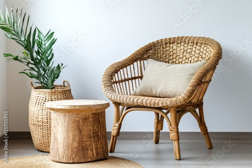 A comfortable rattan chair and a decorative wooden side table