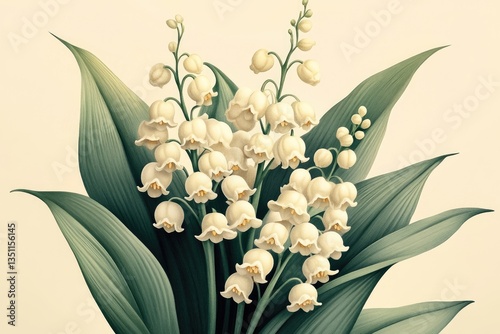 A vibrant bouquet of lily of the valley in full bloom, surrounded by lush green leaves, epitomizing the beauty of spring in watercolor form