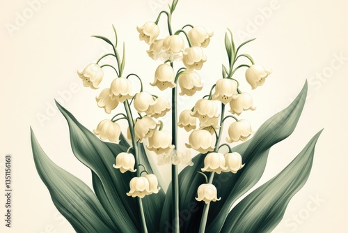 A vibrant bouquet of lily of the valley flowers stands tall, showcasing their elegant white petals and green leaves, embodying the spirit of spring in this watercolor artwork