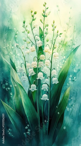 Delicate lily of the valley flowers bloom in spring, painted in bright watercolor. The composition features lush green leaves enhancing the natural beauty of this botanical marvel