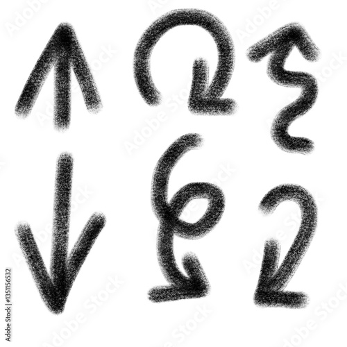 Black directional arrows and swirls graphics on white background