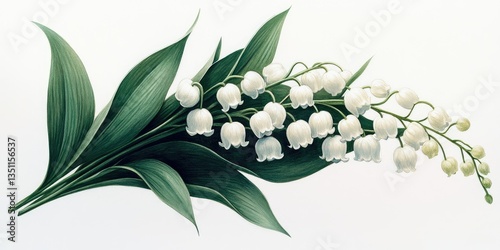 Delicate white flowers of lily of the valley are arranged in a graceful bouquet, highlighting their elegance and charm during the spring season through watercolor artistry