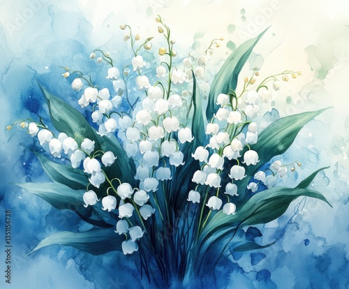 A beautiful watercolor illustration showcases a bouquet of lily of the valley flowers in full bloom during spring