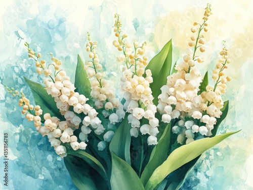 Delicate lily of the valley blossoms bloom vibrantly in spring, beautifully captured in a watercolor style that highlights their soft, fresh colors and lush green leaves