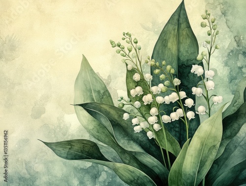 This artwork features a beautiful bouquet of lily of the valley in full bloom, set against a soft, pastel background to evoke the freshness of spring
