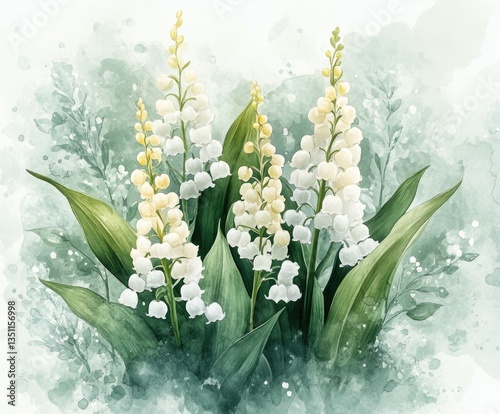 Delicate lily of the valley flowers showcase their beauty in a vibrant watercolor style, surrounded by lush green leaves, evoking the renewal of springtime