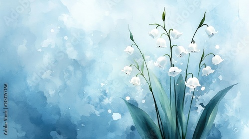 Delicate lilies of the valley blooms rise elegantly with lush green leaves against a soft blue backdrop, capturing the freshness of springtime in a beautiful watercolor style