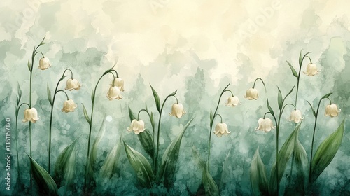 Delicate white lily of the valley flowers bloom amid soft greens, capturing the essence of spring in a beautiful watercolor illustration showcasing nature's beauty