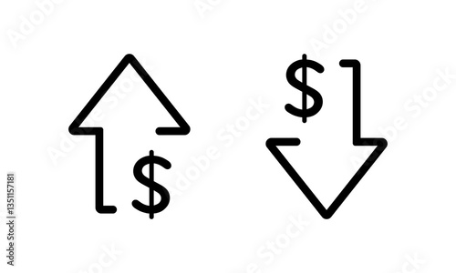 Dollar arrow up and down icon isolated on white background. USD currency growth and decline sign symbol