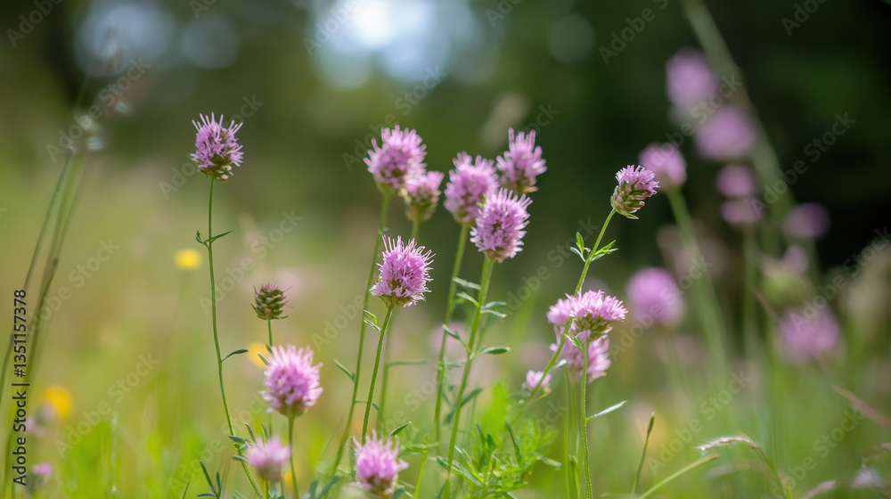 Obraz premium Vibrant Pink Wildflowers Blooming in Lush Green Meadow Landscape