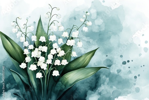 Vibrant lily of the valley flowers flourish during spring, rendered in a beautiful watercolor style to celebrate the essence of nature's bloom and elegance