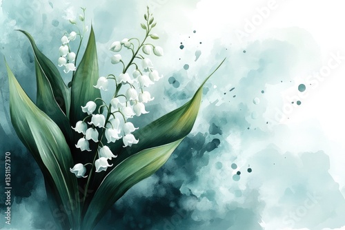 Delicate lily of the valley flowers flourish, surrounded by green leaves in a soft, springtime watercolor illustration that evokes a serene botanical atmosphere