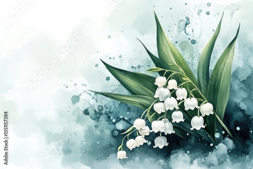 Delicate lily of the valley blossoms emerge in spring, captured in a stunning watercolor illustration that highlights their elegance and charm against a soothing background