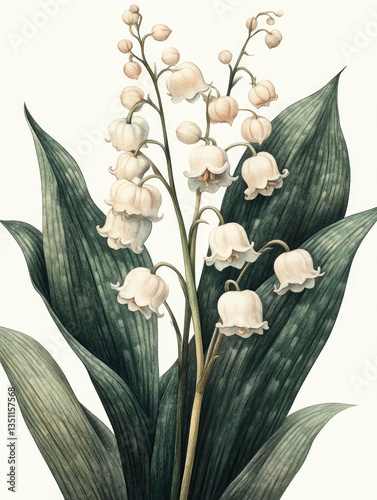 Delicate lily of the valley flowers burst into bloom in spring, illustrated in vibrant watercolor with lush green leaves enhancing their beauty and charm