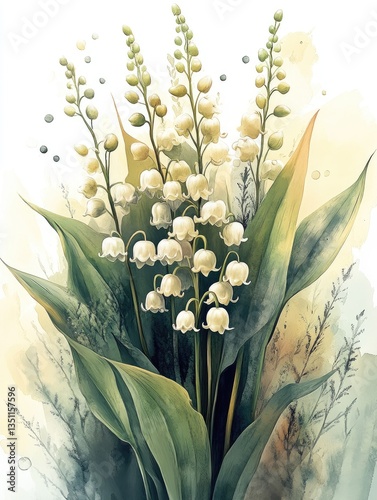 Delicate watercolor illustration captures a bouquet of lily of the valley flowers, showcasing their graceful white blooms and green leaves in a spring setting