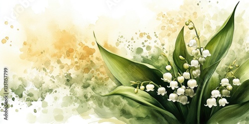 This watercolor illustration showcases the charming lily of the valley flowers in full bloom, nestled among vibrant green leaves, embodying the essence of spring