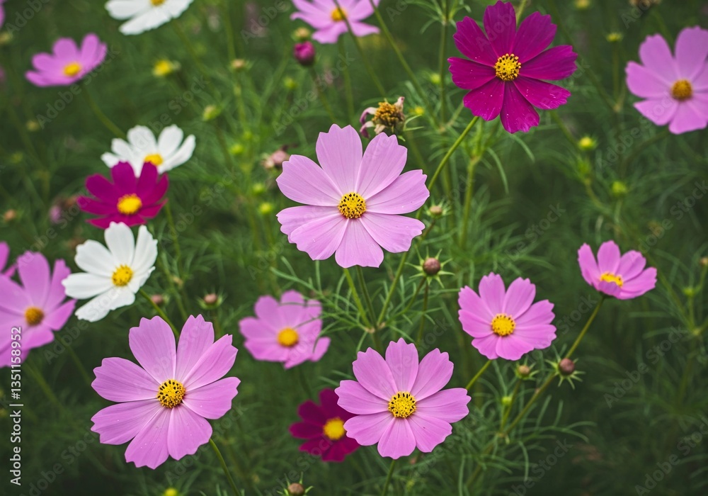 Fototapeta premium A beautiful field of pink, white, and purple cosmos flowers in full bloom. The vibrant petals and lush greenery create a fresh, natural, and peaceful scene, perfect for spring and summer themes.